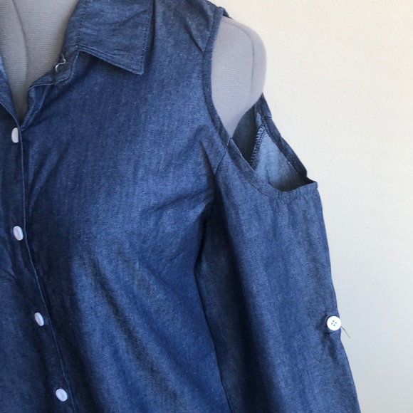 Cold Shoulder Button Down Jean Shirt - Picture 4 of 7